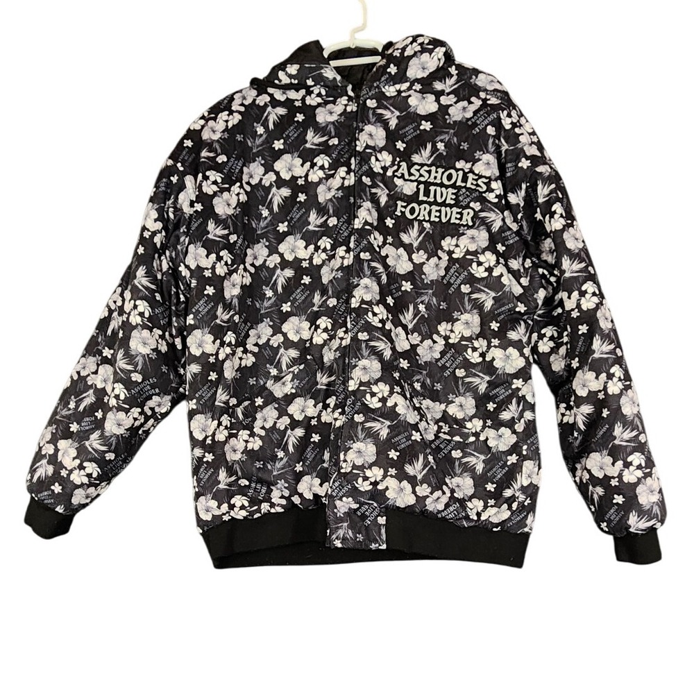 Assholes Live Forever Floral‎ Print Hooded Puffer Jacket Black Large